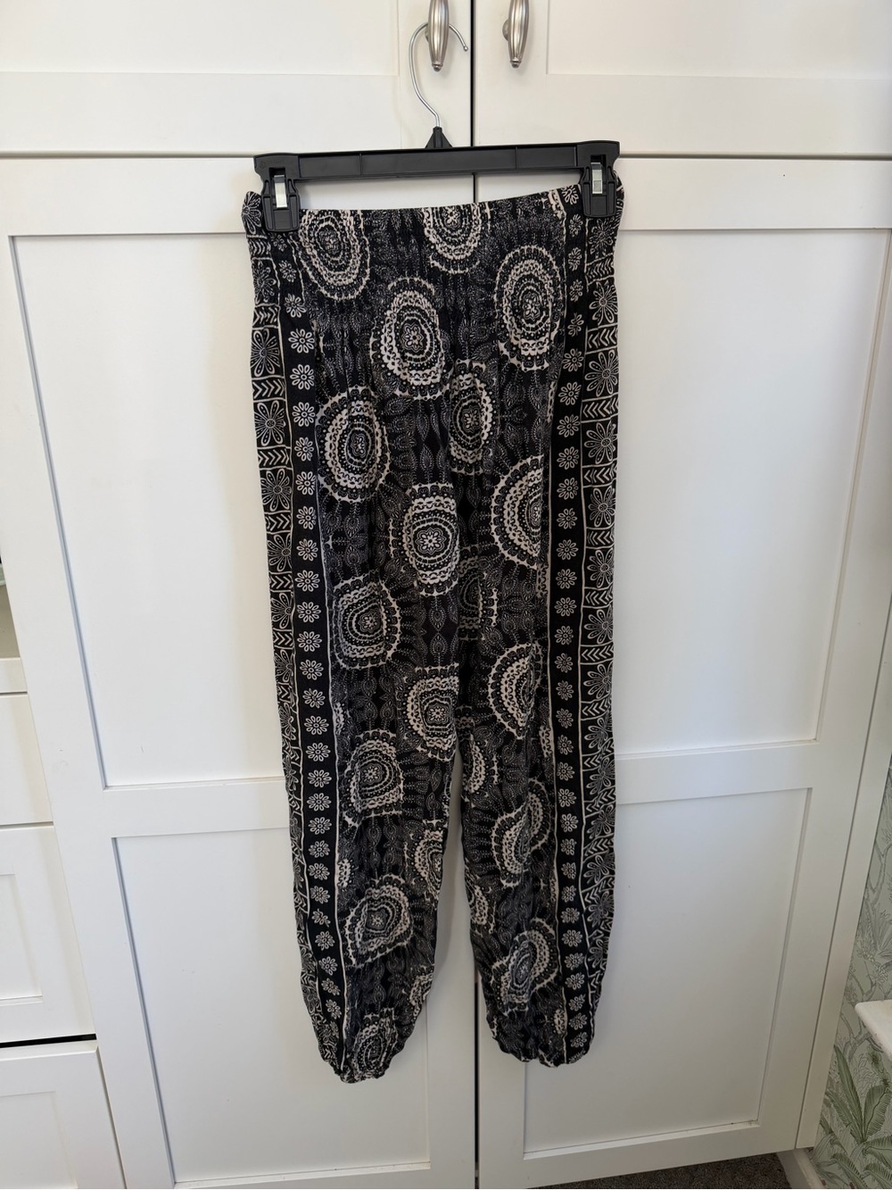 Black Printed Smocked-Waist Harem Joggers